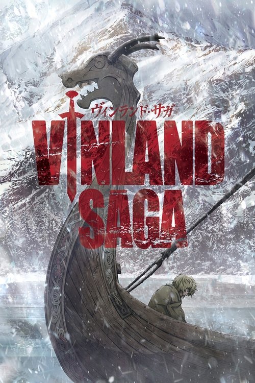 The poster depicts a dramatic Viking battle scene with a lone warrior in a wooden boat amidst snowy, stormy waters. The red and white color scheme evokes a sense of danger and historical epic.