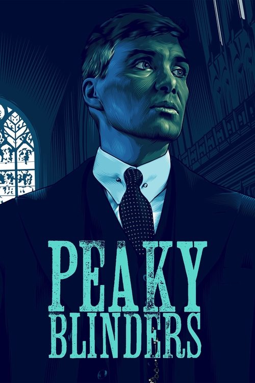 The poster features a shadowy, muscular man in a dark suit against a moody blue background, evoking a gritty, noir atmosphere. The title "PEAKY BLINDERS" is prominently displayed in bold, teal letters, suggesting a dark, rebellious theme. The overall image conveys tension and drama, hinting at th...