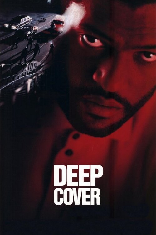 The poster features a close-up of a man with intense red eyes, set against a dark background. The title "DEEP COVER" is prominently displayed in bold white letters. The overall mood is mysterious and suspenseful, with hints of action and danger.