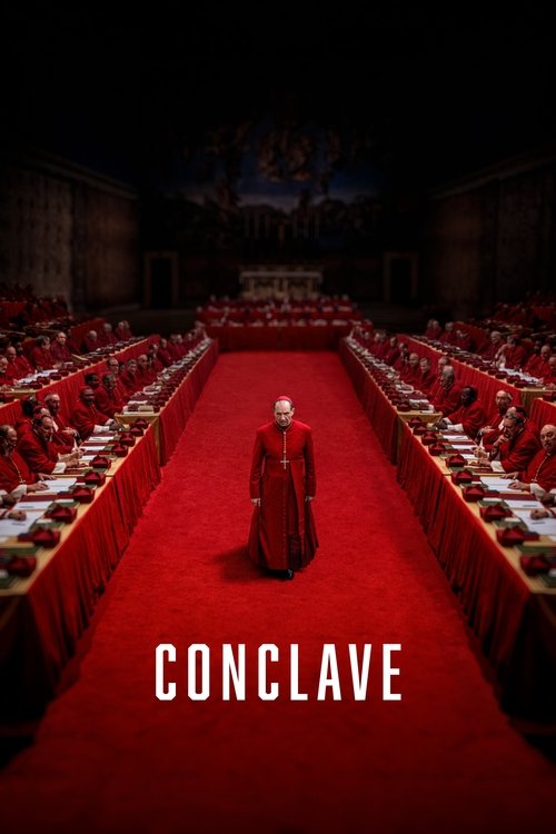 The poster depicts a solemn, dimly lit conference hall with rows of red chairs and a long red carpet leading to a central figure in a red robe. The word "CONCLAVE" is prominently displayed at the bottom, evoking a sense of finality and authority.