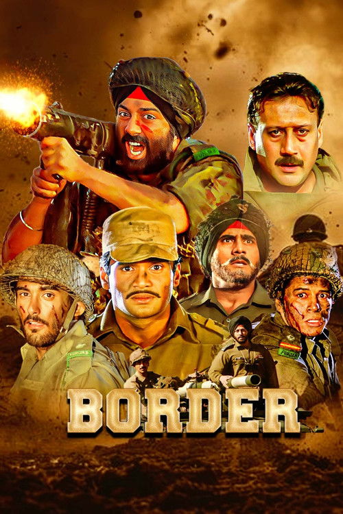 The poster features a dramatic scene with soldiers in combat gear, illuminated by warm, golden hues that evoke a sense of urgency and danger. The title "BORDER" is prominently displayed in bold, metallic letters, emphasizing the film's theme of conflict and territorial struggle. The overall compo...