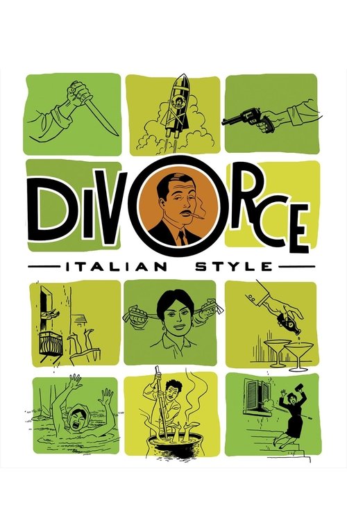 The poster features a collage of nine illustrated scenes depicting divorce moments, set against a vibrant green background. The central figure, a man with a somber expression, anchors the composition. The mood is melancholic yet humorous, capturing the essence of Italian style through its playful...