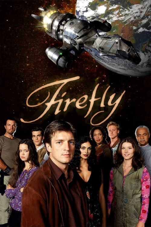 The poster features a group of diverse characters against a starry backdrop, with the title "Firefly" elegantly written in gold script. The warm tones of the characters' clothing contrast with the cool blues and purples of the space scene, creating a visually striking and emotionally evocative im...