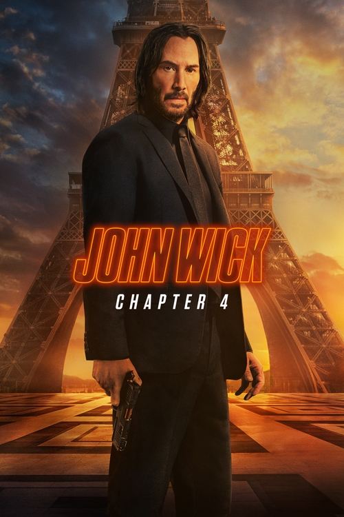 The poster features a powerful man in a black suit against a dramatic sunset backdrop, evoking a sense of mystery and danger. The fiery orange and yellow hues create a striking contrast, while the bold red text announces "John Wick" and "Chapter 4."