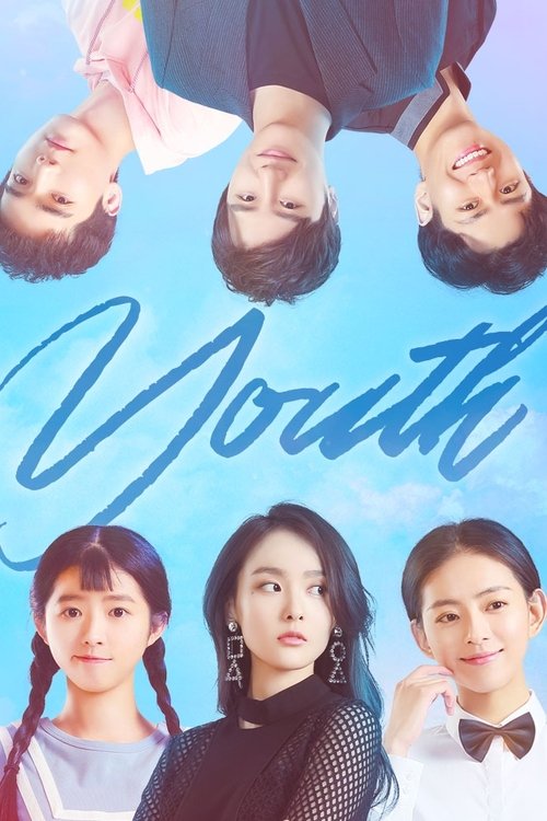 The poster features five individuals in a vertical arrangement, each appearing to be upside down, creating a surreal and playful composition. The background is a soft gradient of blue hues, evoking a dreamy atmosphere. The title "Youth" is elegantly scripted in cursive, adding a touch of sophisti...