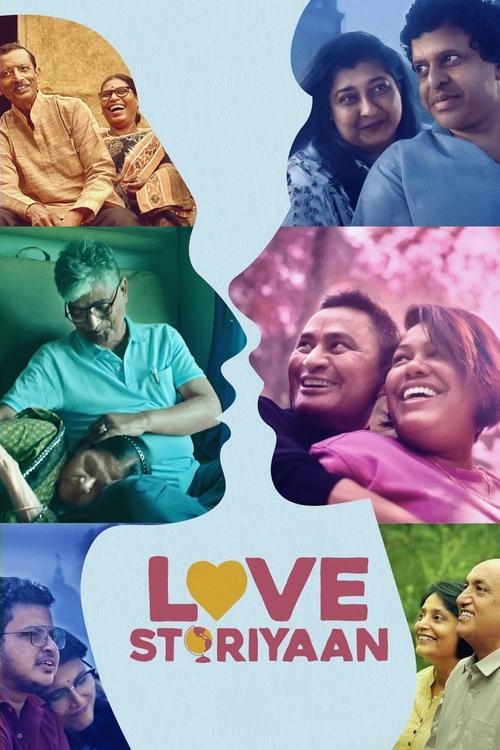 This vibrant poster showcases a collage of diverse characters in warm, colorful settings, evoking a sense of warmth and connection. The scene captures a joyful, intimate atmosphere with rich hues of pink, orange, and green. The title "Love Storiyaan" is prominently displayed in bold, inviting tex...