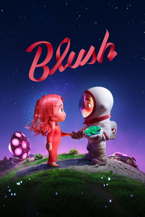 The poster features a whimsical scene with a red-haired girl in a red dress and a space astronaut in a white helmet holding a glowing purple ball. The dark, starry night sky provides a dreamy backdrop, while the vibrant colors of the characters and the ball create a magical atmosphere.