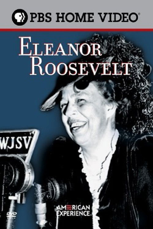 This black-and-white poster features Eleanor Roosevelt smiling warmly while speaking into a microphone, evoking a sense of historical significance and personal connection. The deep blue background contrasts with the warm tones of her face and the microphone, creating a visually striking compositi...