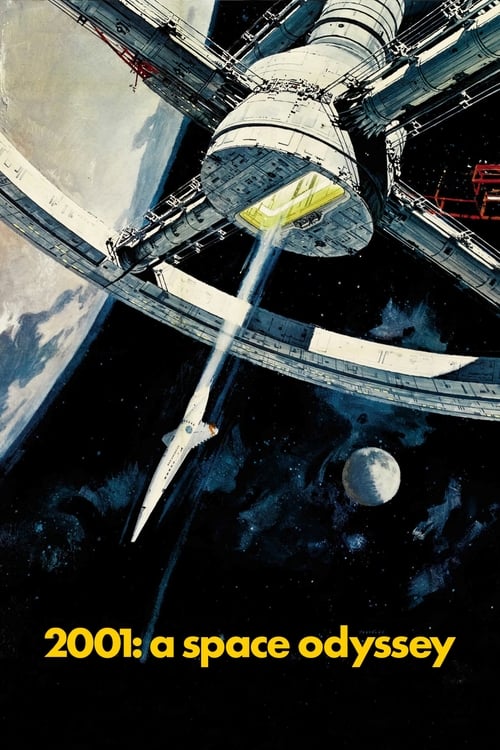 The poster features a futuristic spacecraft with a glowing yellow nose cone, set against a dark space backdrop. A small planet floats nearby, while the title "2001: A Space Odyssey" appears in bold yellow text at the bottom. The image evokes a sense of mystery and wonder, capturing the essence of...