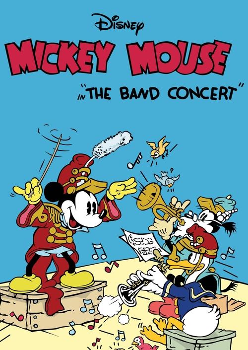 The vibrant poster features Mickey Mouse in a heroic pose, surrounded by cheerful characters like Goofy and Donald Duck, all set against a bright blue background. Musical notes and confetti add to the lively atmosphere, capturing the fun and energetic spirit of the "The Band Concert" movie.
