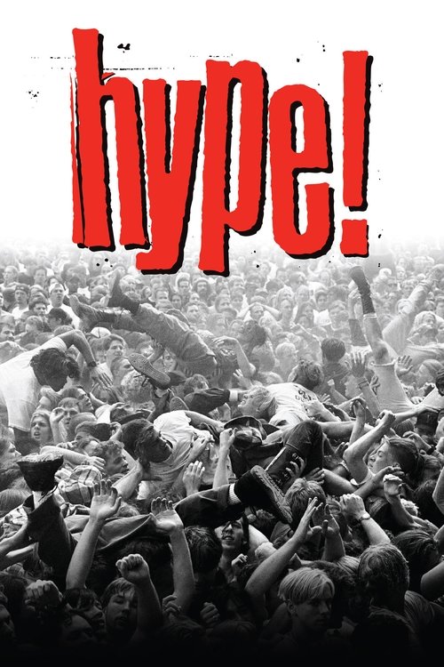 The poster features a chaotic crowd of people in black and white, with red text spelling out "hype!" in bold, eye-catching letters. The mood is energetic and rebellious, capturing the essence of a rave or concert scene.
