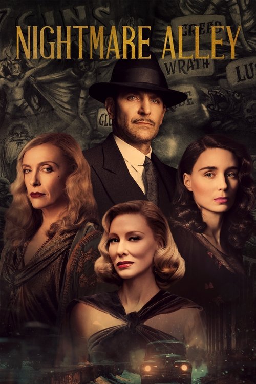 The poster features four characters in a moody, dark setting with sepia tones and muted colors. The central figure wears a fedora and looks stern, while the others display expressions of mystery or fear. The title "Nightmare Alley" is prominently displayed at the top, evoking a sense of suspense ...