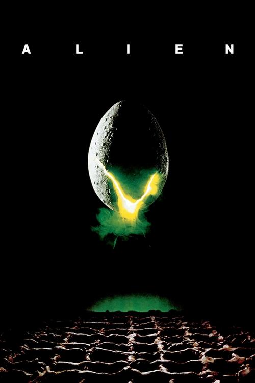 The poster features a dark, ominous scene with a glowing green alien egg hovering above a grid of cracked earth. The stark black background and eerie lighting create a suspenseful, foreboding mood, evoking fear and curiosity about the mysterious creature.