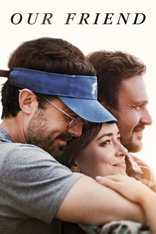 The poster features three people hugging warmly, with a man in a blue visor and glasses, a woman in the center, and another man in the background. The soft lighting and warm tones create an intimate and nostalgic mood, emphasizing the bond between the characters.