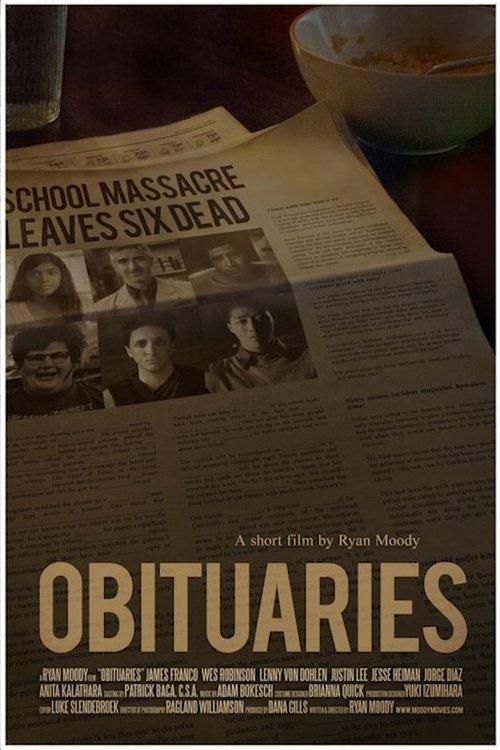 The poster features a somber newspaper scene with a group of people, evoking a sense of loss and grief. The muted colors and sepia tones enhance the melancholic mood, while the title "Obituaries" stands out in bold, creating a stark contrast against the darker background.