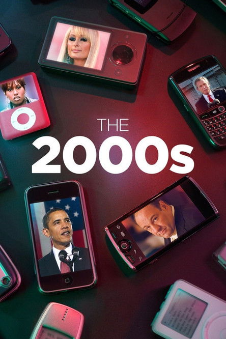 The 2000s poster features a collage of smartphones displaying iconic figures like Barack Obama, Bill Clinton, and Oprah Winfrey. Vibrant colors—reds, pinks, and purples—create a nostalgic atmosphere. The scene evokes a sense of modern nostalgia, blending the past with contemporary technology.