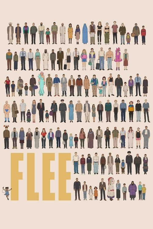 The poster features a dense grid of diverse people in various outfits, creating a vibrant and chaotic scene. The warm beige background contrasts with the colorful clothing, evoking a sense of movement and urgency. The bold yellow text "FLEE" anchors the composition, suggesting a call to action fo...