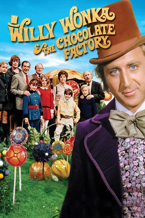 The poster features a cheerful group of characters in a vibrant, colorful setting with a whimsical atmosphere. Willy Wonka, wearing a brown hat and purple suit, stands prominently in the foreground. The background includes a lively scene with children and adults, surrounded by bright colors and p...