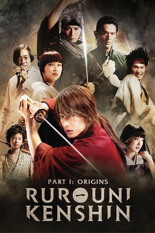 The poster features a dramatic scene with a central figure wielding a sword, surrounded by other characters in period costumes. Warm earthy tones and dark hues create an intense, historical atmosphere. The title "Rurouni Kenshin" is prominently displayed in bold, metallic lettering.