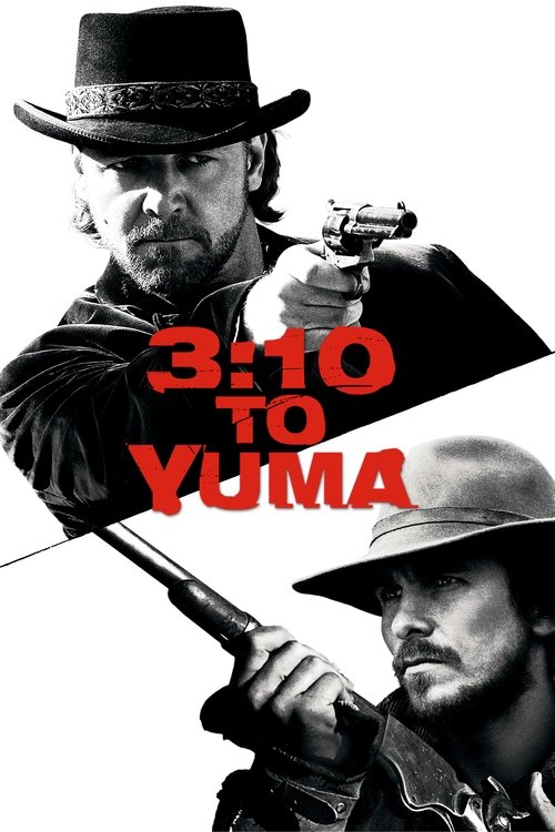 The poster features two men in cowboy hats, one holding a pistol and the other a rifle, set against a stark black background. The title "3:10 to YUMA" is prominently displayed in bold red letters, evoking a sense of urgency and danger. The overall mood is intense and action-packed, capturing the ...