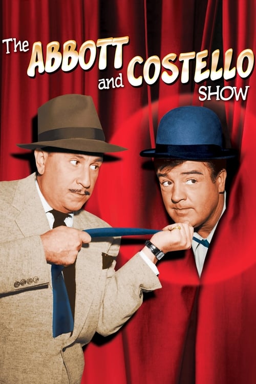 The poster features two men in suits against a red curtain backdrop, with one man holding a gun to the other's head. The red background and dramatic pose create a tense, comedic atmosphere.