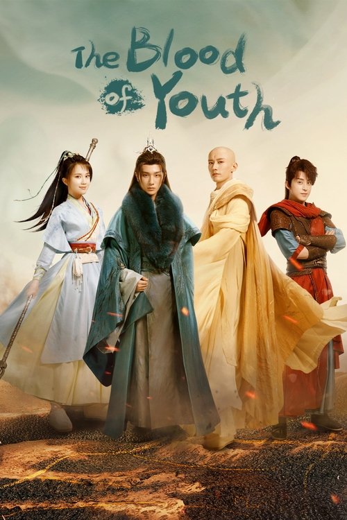 The poster features four young characters in period costumes, each with distinct colors—white, teal, yellow, and red. They stand against a soft, dreamy sky, evoking a sense of youthful adventure and mystery. The title "The Blood of Youth" is elegantly written in a stylized font, hinting at themes...