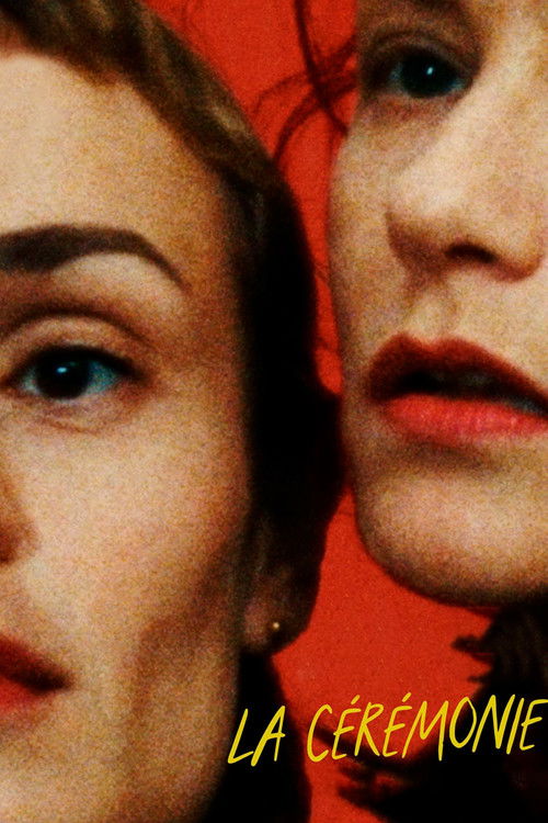 The poster features two close-up portraits of young women against a vibrant red background, evoking a sense of mystery and intrigue. The bold yellow text "LA CÉRÉMONIE" anchors the image, suggesting a theatrical or ritualistic event.