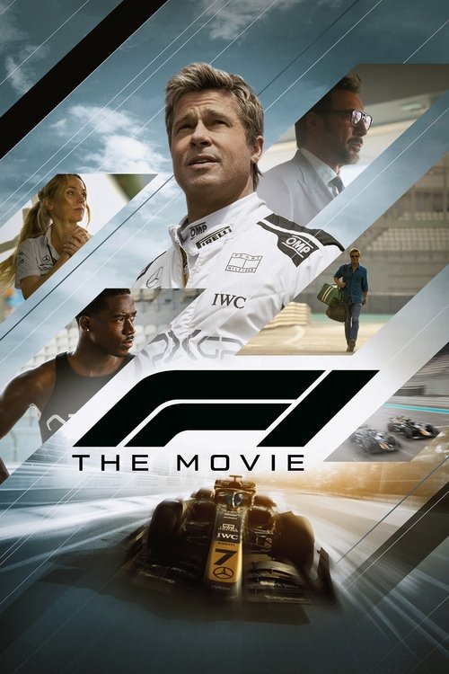 The movie poster features a dynamic collage of F1 drivers and team members, set against a backdrop of racing scenes and grandstands. Dominating the center is a close-up of Sebastian Vettel in his white racing suit, exuding confidence and focus. The color palette blends cool blues and whites with ...