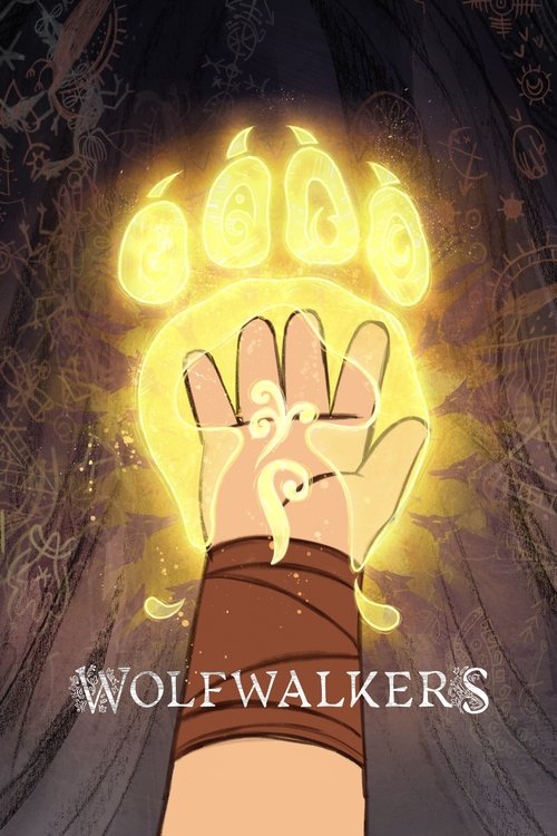 A mystical hand glows with golden energy, symbolizing power and magic. The dark, eerie background contrasts with the bright, ethereal light, creating a mysterious and otherworldly atmosphere. The title "Wolfwalkers" appears at the bottom, hinting at the supernatural creatures central to the story.