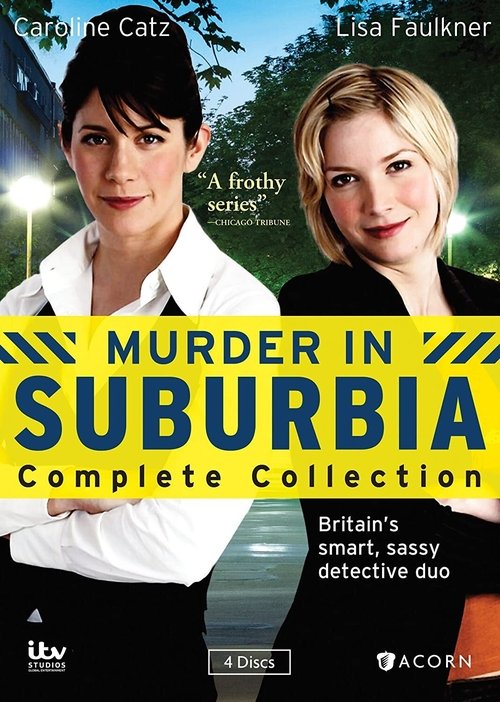 The poster features two women in a suburban setting, with one holding a knife and the other smiling. The colors are vibrant, with a mix of blues, yellows, and greens. The mood is tense yet playful, suggesting a mix of horror and comedy.