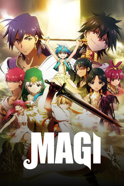 This poster features a vibrant anime-style scene with seven characters in dynamic poses, exuding energy and magic. The warm golden light bathes the characters, creating a mystical atmosphere. Bold typography spells out "MAGI" in large, stylized letters at the bottom, emphasizing the show's title.