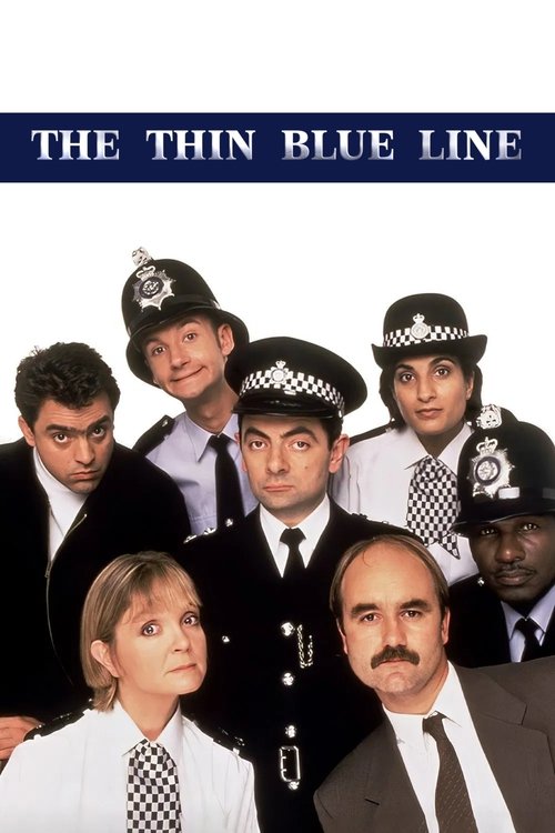 The poster features a group of police officers in black uniforms and hats, with a woman in a white shirt and tie in the foreground. The dark blue background and the title "THE THIN BLUE LINE" in bold white letters convey a serious and authoritative mood.