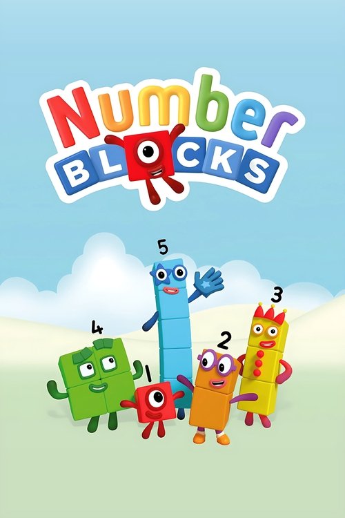 This vibrant poster features colorful, blocky characters with playful expressions, set against a cheerful blue sky with fluffy white clouds. The bright, summery mood suggests a fun, educational children's show centered around learning numbers through engaging visuals.