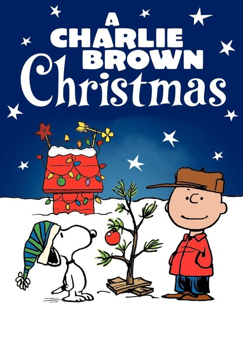 This movie poster features a cheerful scene with Charlie Brown, Snoopy, and Linus in a snowy night. The warm reds and blues of the characters contrast with the cool blue sky and white stars, creating a cozy, nostalgic atmosphere.