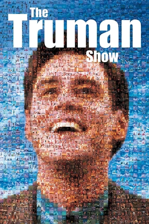 The Truman Show poster features a man's face composed of tiny dots, set against a blue background. The mood is mysterious and intriguing, hinting at a reality show that challenges viewers' perceptions of reality.