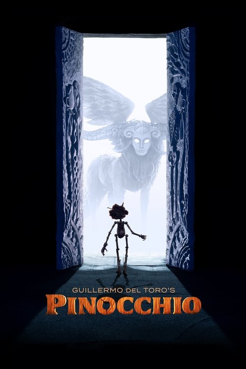 A silhouette of Pinocchio stands before a window where a ghostly figure of his childhood self emerges. The dark room contrasts with the bright, ethereal light, creating a mysterious and dreamlike atmosphere. The title "Guillermo del Toro's Pinocchio" glows in warm orange hues at the bottom, ancho...