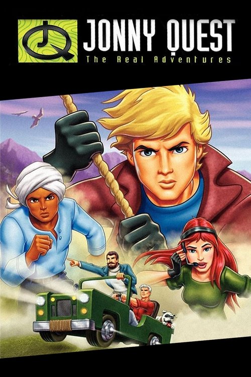 The vibrant poster features Jonny Quest in his iconic golden outfit, holding a staff, surrounded by colorful adventurers. A green jeep with riders adds to the lively scene, while the background hints at a fantastical world. The dynamic composition and bright colors evoke adventure and excitement.