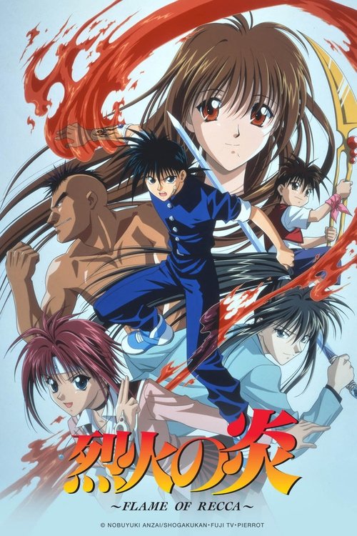 The poster features a dynamic scene with a central girl in a blue outfit surrounded by energetic characters in various poses. Vibrant red flames swirl around the composition, symbolizing action and intensity. The overall mood is energetic and adventurous, capturing the essence of the show's thril...
