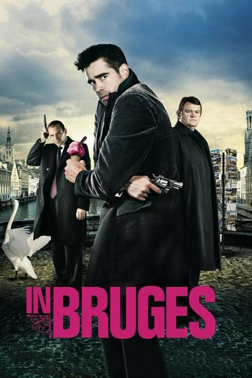 The poster features a dramatic scene with four men in dark coats, each holding a gun, standing against a moody, overcast sky. The central figure is prominently displayed, while others are partially visible in the background. The title "IN BRUGES" is boldly written in pink at the bottom, evoking a...