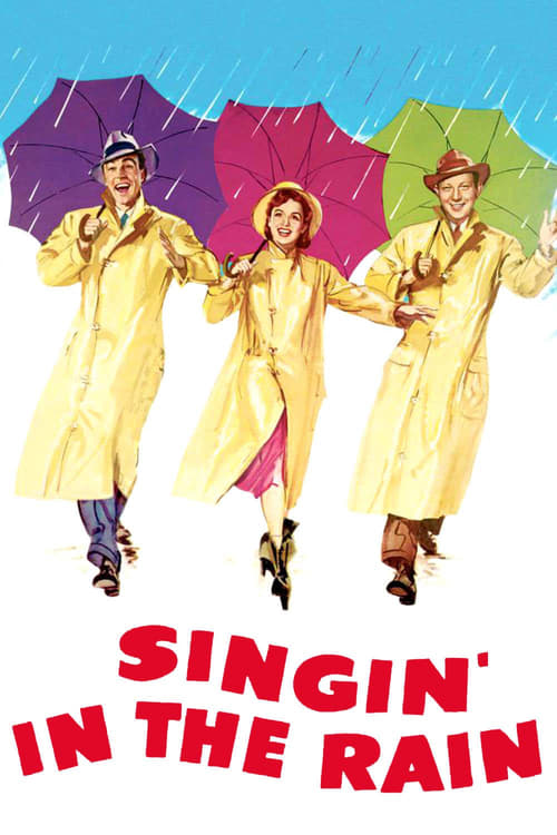 This vibrant poster captures the classic "Singin' in the Rain" charm with three joyfully dressed characters in matching yellow raincoats, each holding a colorful umbrella. The cheerful, playful atmosphere is enhanced by the bright colors and dynamic poses, evoking a sense of fun and nostalgia.