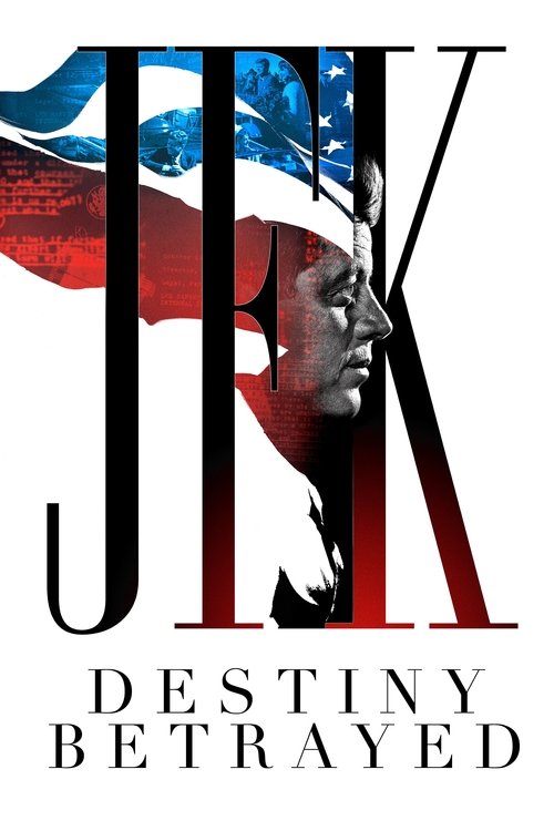 The poster features a stylized portrait of JFK with his face partially obscured by the letters "JFK," creating a mysterious and dramatic atmosphere. The colors are vibrant, with reds, blues, and whites evoking the American flag, symbolizing patriotism and historical significance. The bold typogra...