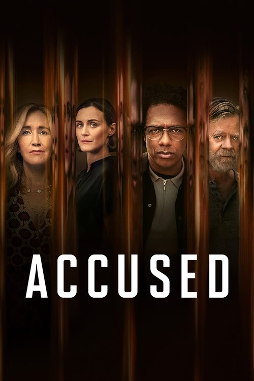 The poster features four characters standing in front of a dark, vertical wooden backdrop, creating a mysterious and dramatic atmosphere. The title "ACCUSED" is prominently displayed in bold white letters at the bottom, emphasizing the central theme of the show.