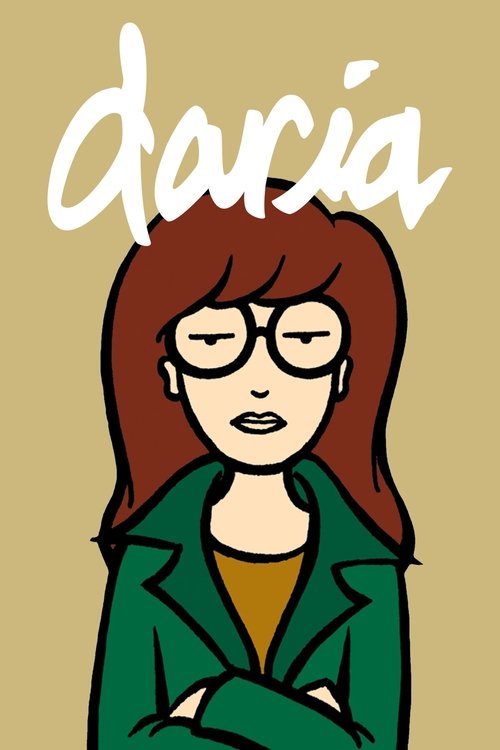 This cartoon poster features a woman with glasses and red hair, wearing a green jacket over a yellow shirt. The title "daria" is written in white cursive above her head. The muted background gives a calm, slightly melancholic mood.