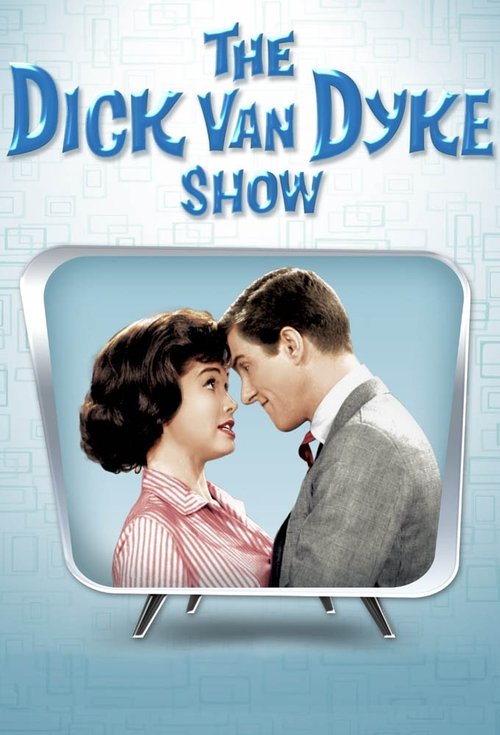 The Dick Van Dyke Show poster features a vintage television screen displaying a romantic scene between a woman in a pink dress and a man in a gray suit. The soft blue background and warm tones evoke a nostalgic, timeless mood, capturing the essence of classic television drama.