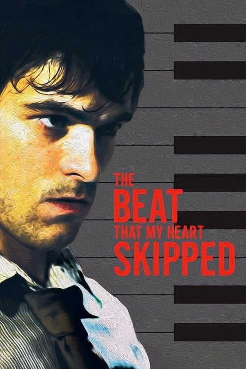 The poster features a close-up of a man with dark, tousled hair and a serious expression, wearing a tie and shirt. The background is a muted gray with horizontal black stripes, creating a somber and intense atmosphere. The title "The Beat That My Heart Skipped" is prominently displayed in bold re...