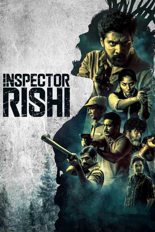 The poster features a gritty, dark scene with a central figure holding a gun, surrounded by other characters in tense poses. Dominant colors include muted browns, dark greens, and stark whites, creating a somber, suspenseful atmosphere. The title "INSPECTOR RISHI" is boldly displayed in distresse...
