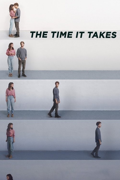 The poster features a minimalist studio setting with four panels showing a man and woman walking side by side. The woman wears a pink shirt and jeans, while the man is in a gray sweater and dark pants. The mood is calm and reflective, with soft lighting and a serene atmosphere. The title "The Tim...