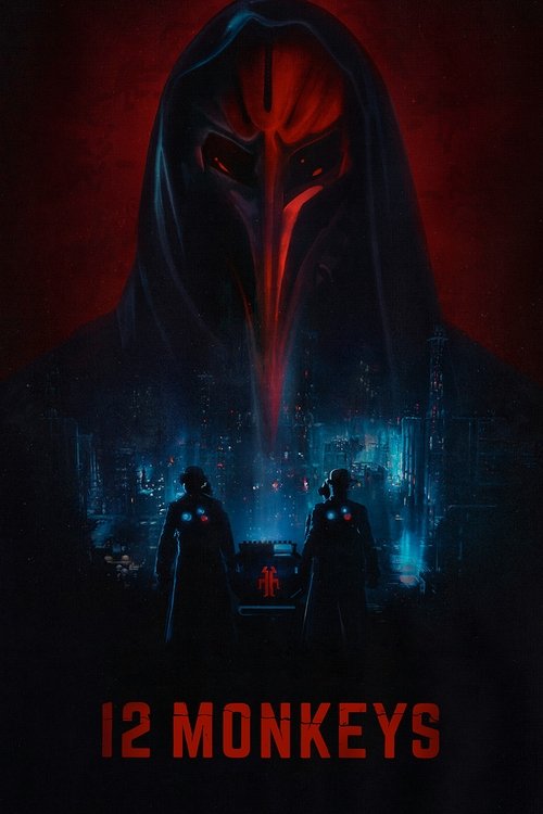 The poster features a menacing hooded figure looming over two silhouetted figures against a dark, ominous background. The scene is dominated by deep reds and blues, creating a tense and mysterious atmosphere. The title "12 Monkeys" is prominently displayed at the bottom in bold, red letters, emph...