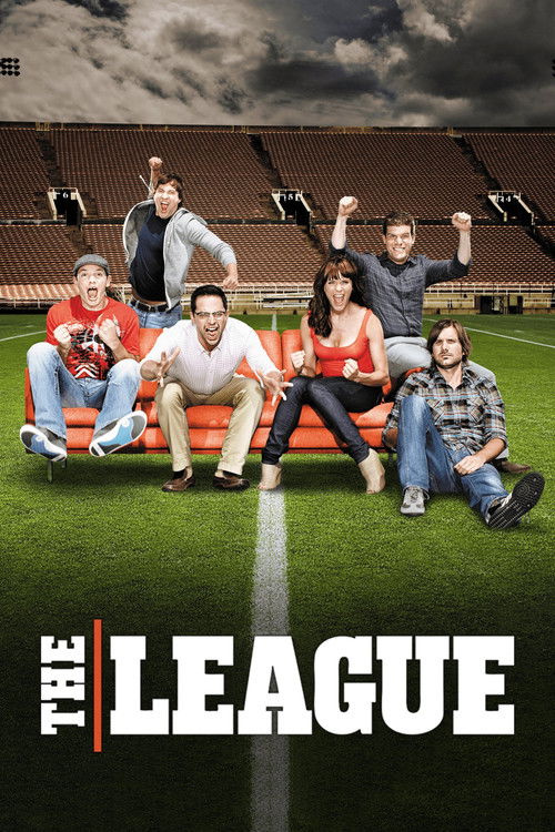 The League poster features six young athletes in casual athletic wear, posing confidently on a vibrant green football field with a dramatic sky above. The bold red and white "THE LEAGUE" text anchors the image, evoking a sense of youthful energy and competitive spirit.