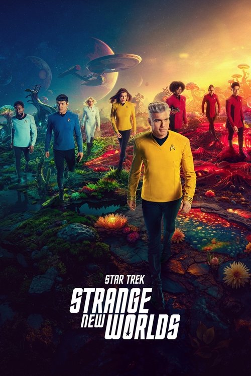 This poster captures the surreal and vibrant atmosphere of "Strange New Worlds," featuring a central figure in a yellow sweater walking through a colorful, alien landscape. Surrounding him are diverse characters in bright, contrasting outfits, including red and blue, set against a dramatic sky wi...
